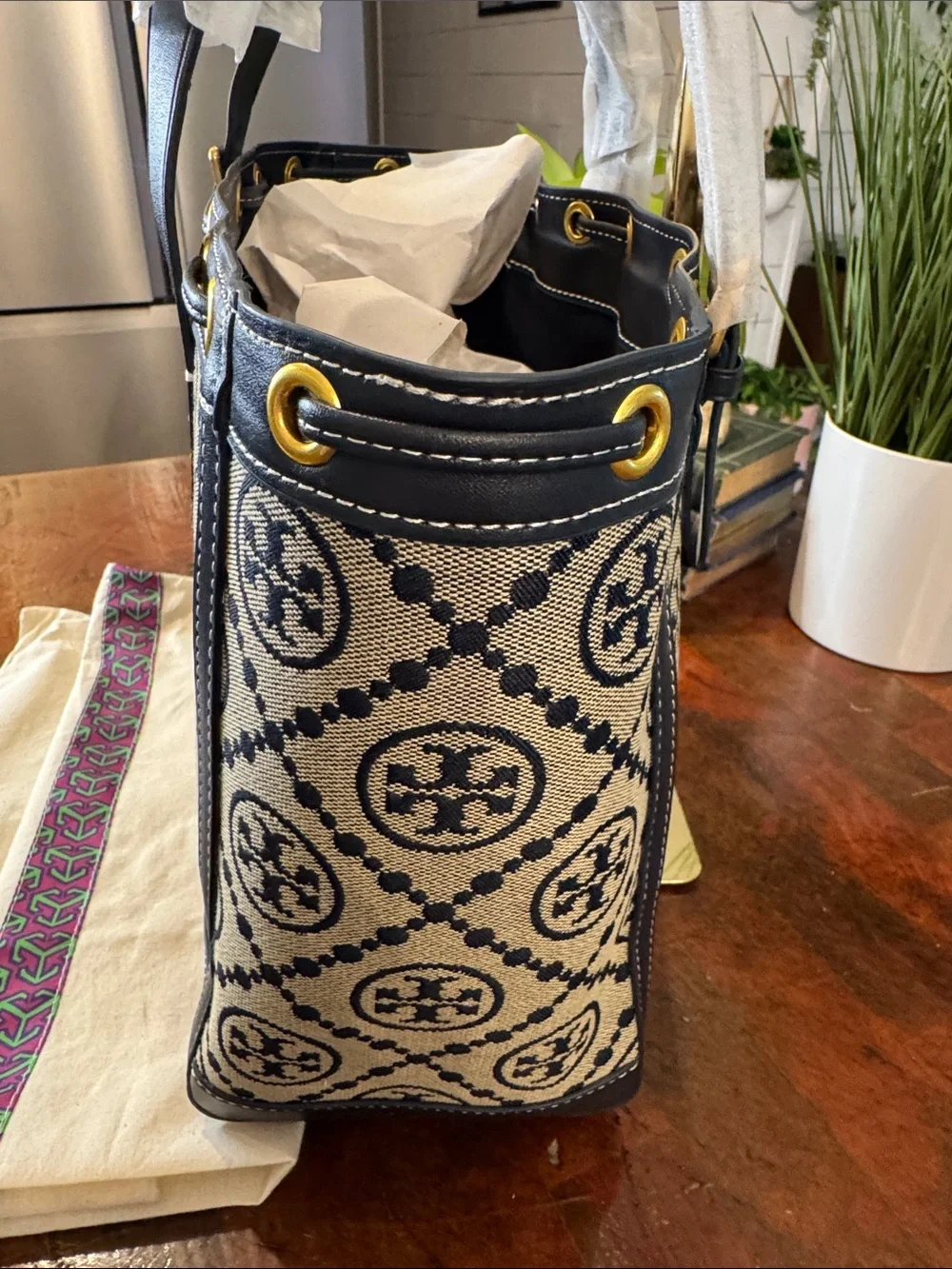 Tory Burch Navy and Cream Logo Canvas Tote with Gold Hardware
